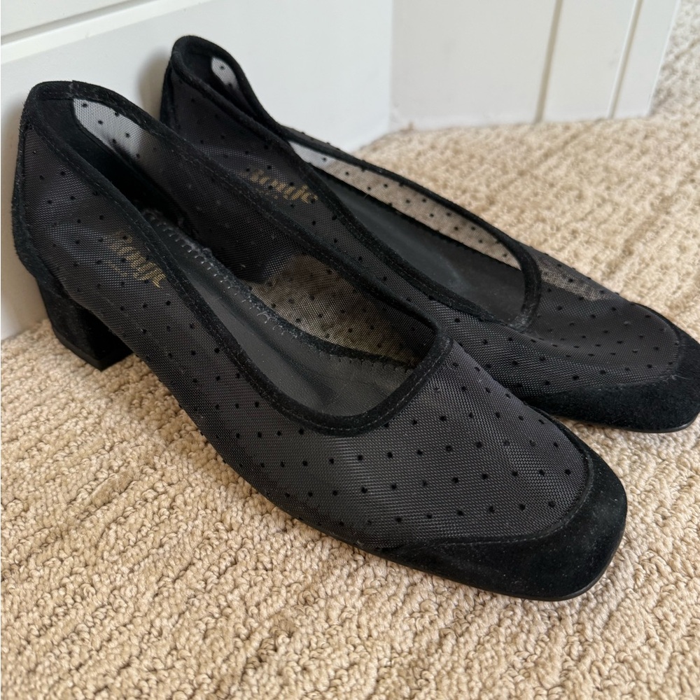 Rouje Black Mesh Sheer Polka Dot Block Low Heels
